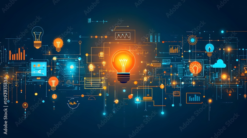 Business concept illustration featuring floating light bulbs, icons, charts, compass, and connecting elements in blue and orange, showcasing creative thinking and brainstorming process. Business concept illustration featuring floating light bulbs, icons, charts, compass, and connecting elements in blue and orange, showcasing creative thinking and brainstorming process.