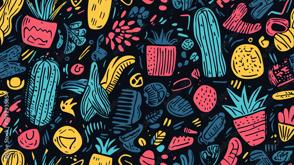 Naklejka premium Cute cactus seamless pattern with colorful elements
