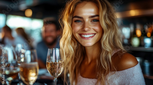 A cheerful woman with flowing hair poses with a glass of sparkling drink, surrounded by friendly faces in a bustling restaurant atmosphere