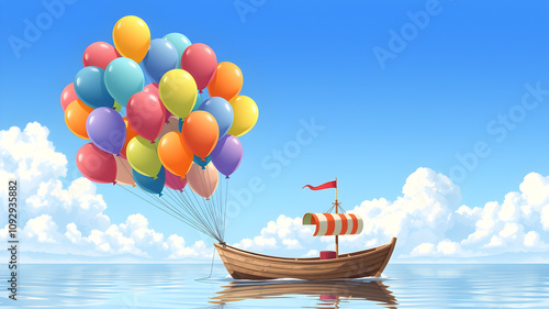 A collection of colorful balloons tied to a small wooden boat floating in the sky illustration. Generative AI photo