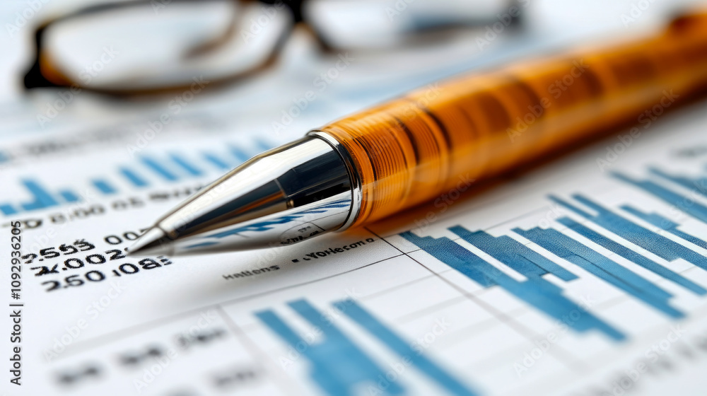Charts and graphs illustrate financial data analysis with a pen positioned nearby, while reading glasses rest on the desk, suggesting focused work Charts and graphs illustrate financial data analysis with a pen positioned nearby, while reading glasses rest on the desk, suggesting focused work