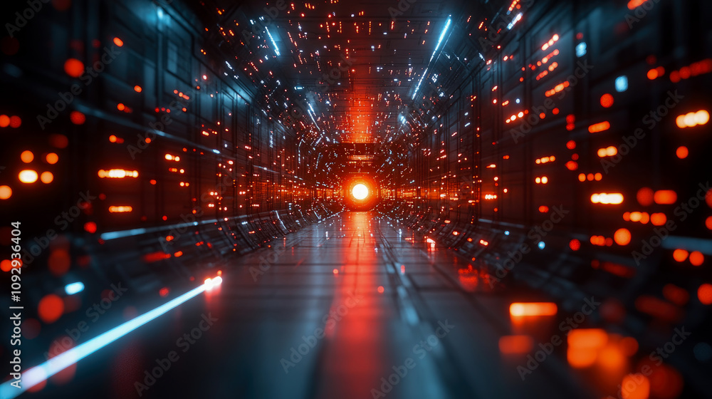 A digital corridor features vibrant lights and a pulsating energy source at the end, creating an atmosphere of technology and innovation A digital corridor features vibrant lights and a pulsating energy source at the end, creating an atmosphere of technology and innovation