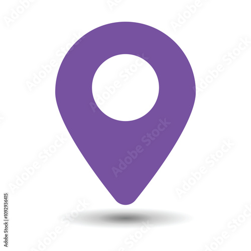 Purple location pin with shadow underneath. Vector icon for apps, UI or web design