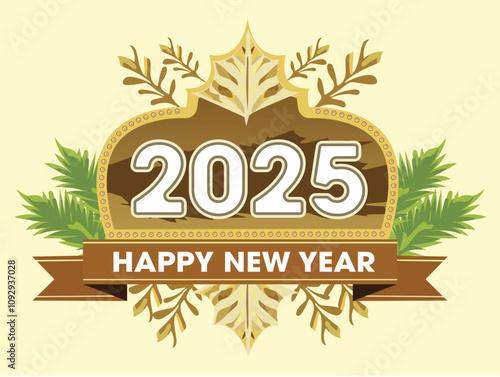 Happy New Year Greeting Card Design with 2025 in Vintage Frame Decorate Leaves Vector Illustration.