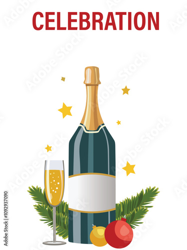 Merry Christmas, New Year Party Template Design with Wine Bottle and Glass, Fir Leaves, Baubles Decoration in White Background Illustration.