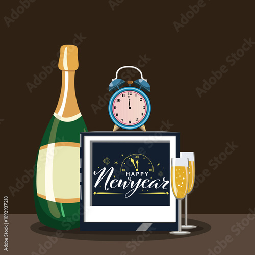 Happy New Year Greeting Card with Clock, Champagne Glass, Bottle in Brown Background Vector Illustration.