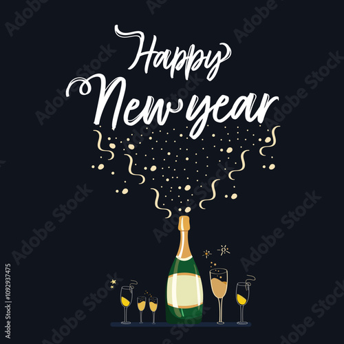 Happy New Year Greeting Card Design With Open Champagne Bottle Flying and Calligraphy Text in Dark Background Illustration.