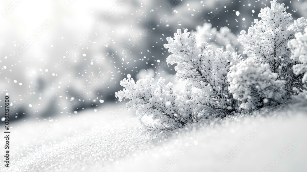 Fototapeta premium Serene winter landscape with snowflakes and frosted branches