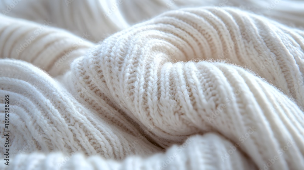 Detailed macro photography of white knitted wool texture showing ribbed pattern, gentle folds, and fiber details in soft, minimalist studio lighting composition. Detailed macro photography of white knitted wool texture showing ribbed pattern, gentle folds, and fiber details in soft, minimalist studio lighting composition.