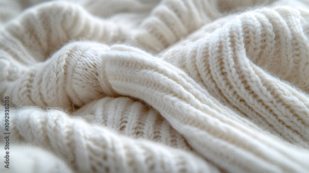 Detailed macro photography of white knitted wool texture showing ribbed pattern, gentle folds, and fiber details in soft, minimalist studio lighting composition. Detailed macro photography of white knitted wool texture showing ribbed pattern, gentle folds, and fiber details in soft, minimalist studio lighting composition.