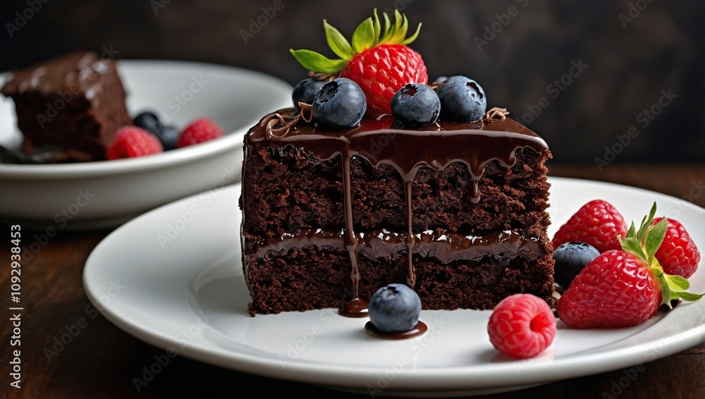 A slice of chocolate cake with chocolate frosting, topped with blueberries. A slice of chocolate cake with chocolate frosting, topped with blueberries.