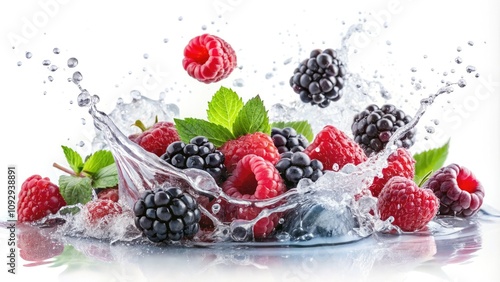 Artistic vintage photography features vibrant blackberries and raspberries, beautifully splashing water, set against a pure white backgroundâ€”ideal for culinary and natural food presentations.