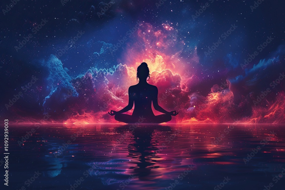 Silhouette of a man in the lotus position, luminous chakra, abstract illustration, lotus symbol Silhouette of a man in the lotus position, luminous chakra, abstract illustration, lotus symbol