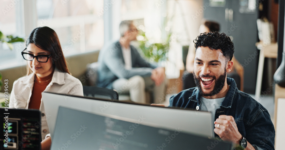 Business man, happy and computer with fist bump, achievement and good news in office. Success, internet and promotion with excited designer, professional and web design with smile and job bonus Business man, happy and computer with fist bump, achievement and good news in office. Success, internet and promotion with excited designer, professional and web design with smile and job bonus