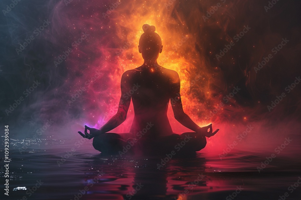 Silhouette of a man in the lotus position, luminous chakra, abstract illustration, lotus symbol Silhouette of a man in the lotus position, luminous chakra, abstract illustration, lotus symbol