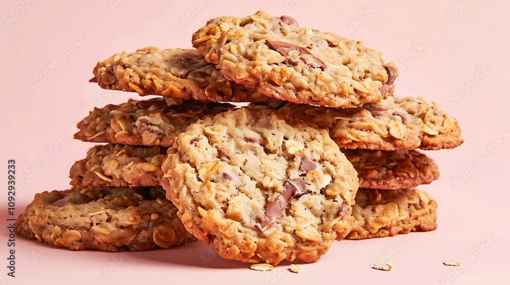 A stack of delicious, golden-brown oatmeal cookies with chocolate chips on a soft pink background. A stack of delicious, golden-brown oatmeal cookies with chocolate chips on a soft pink background.
