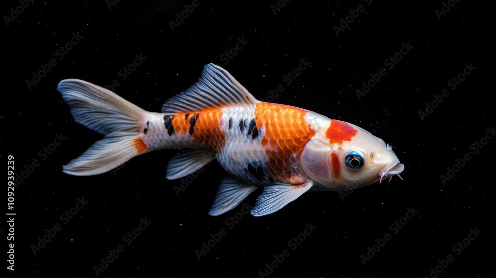 Vibrant Koi fish swimming in dark water. The intricate scales and colors of the fish stand out against the black background. Vibrant Koi fish swimming in dark water. The intricate scales and colors of the fish stand out against the black background.