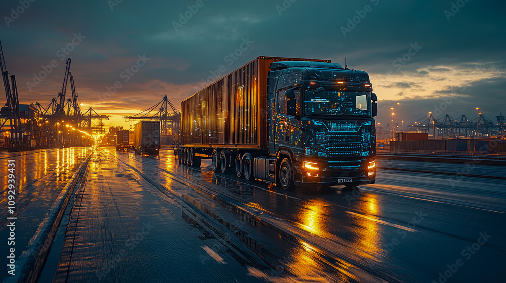 Large transport truck moves through a port area during sunset, with lights reflecting off the wet pavement and cargo containers nearby Large transport truck moves through a port area during sunset, with lights reflecting off the wet pavement and cargo containers nearby