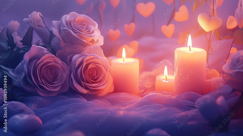 Romantic Valentine's Day scene with roses, soft pink hearts, and glowing candles. Romantic Valentine's Day scene with roses, soft pink hearts, and glowing candles.