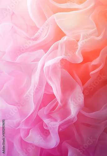 This image showcases a soft gradient pastel fabric with delicate folds, featuring hues of pink and blue, exuding Pink and White Shimmering Fabric Draped in Soft Waves 