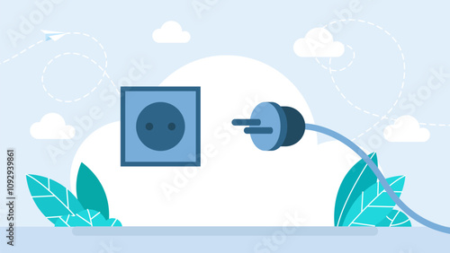 The plug is plugged into the power lines. Plug inserted in a wall socket. Electric Plug and Socket unplug. 404 error, Electric wire shock, disconnection, loss of connect. Vector illustration