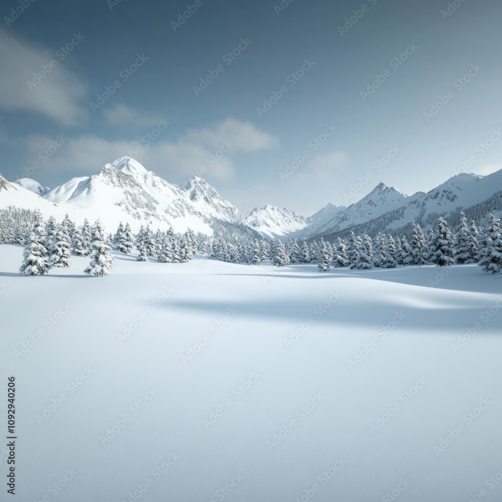 Snowy mountain range with evergreen trees. Snowy mountain range with evergreen trees.