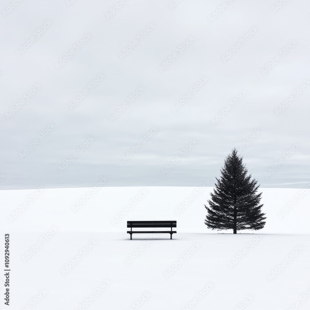 Solitary bench and tree in snowy field. Solitary bench and tree in snowy field.