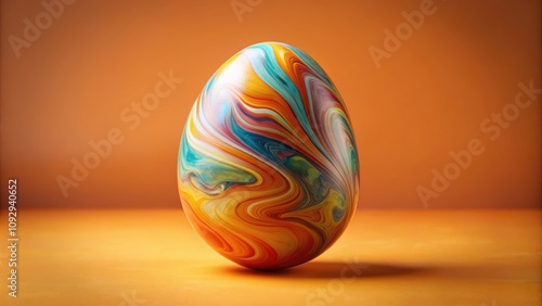 A vibrant marbled Easter egg rests against a light orange backdrop, showcasing intricate patterns ideal for festive spring decor and joyful holiday celebrations with artistic flair.