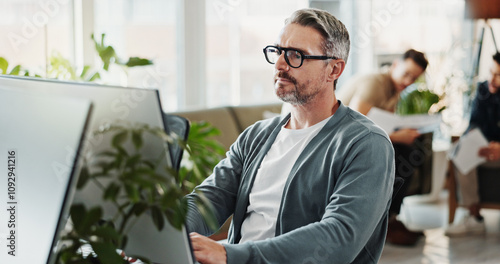Foto Computer, system and web developer with man programmer in office for coding or design