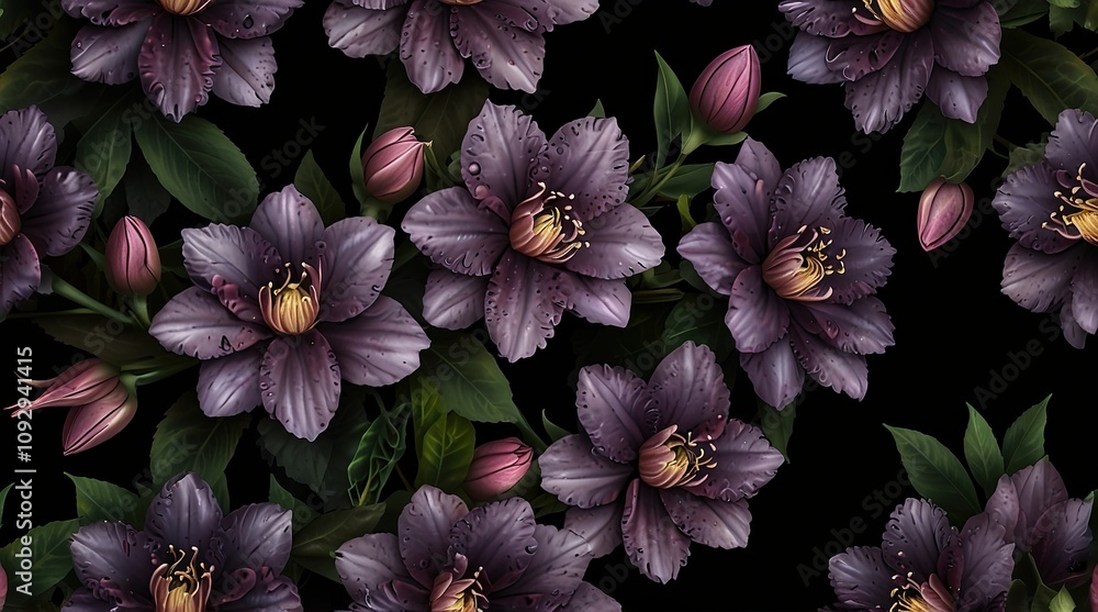A collection of six cluster of purple floers with green leaves A collection of six cluster of purple floers with green leaves