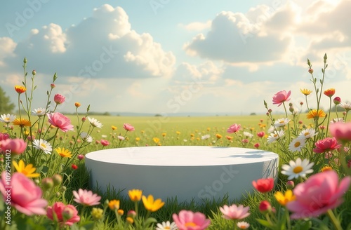 white empty podium on beautiful wildflowers background, for product presentation