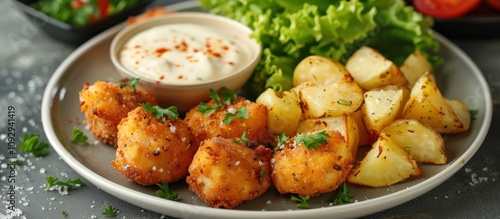 Crispy Fried Bites with Baked Potatoes and Creamy Sauce