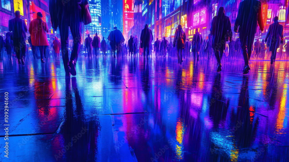 Fototapeta premium 雨の夜に映えるネオンカラーの都会