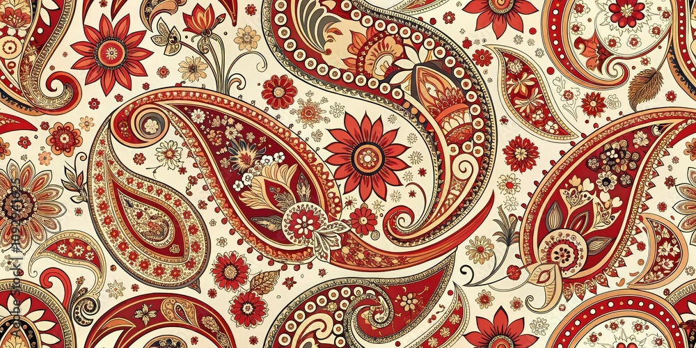 A vibrant paisley pattern in red and white, embodying Indian traditional ornamentation, perfect for fabric design and decoration with a rich cultural flair. A vibrant paisley pattern in red and white, embodying Indian traditional ornamentation, perfect for fabric design and decoration with a rich cultural flair.