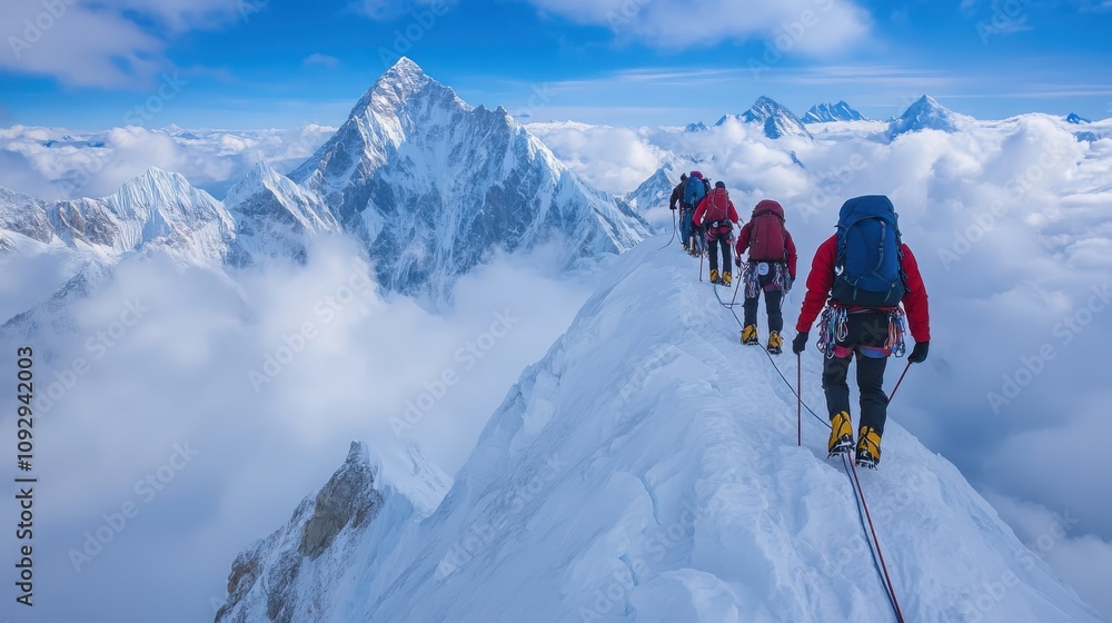A group of climbers making their way up a narrow ridge, framed by distant mountain peaks, capturing the breathtaking beauty and risk of high-altitude climbing in remote climbing regions A group of climbers making their way up a narrow ridge, framed by distant mountain peaks, capturing the breathtaking beauty and risk of high-altitude climbing in remote climbing regions