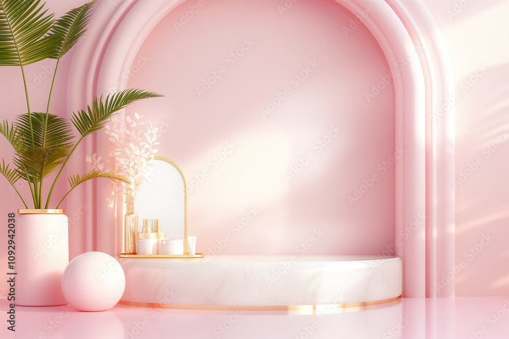 A serene area showcases soft pink tones with a stylish pedestal, potted plant, and elegant decor pieces A serene area showcases soft pink tones with a stylish pedestal, potted plant, and elegant decor pieces