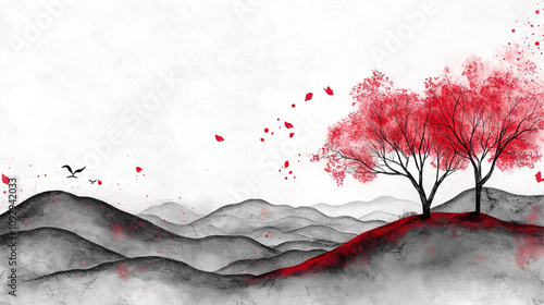 Red Cherry Blossom Tree on Hills, Asian Inspired Landscape Painting