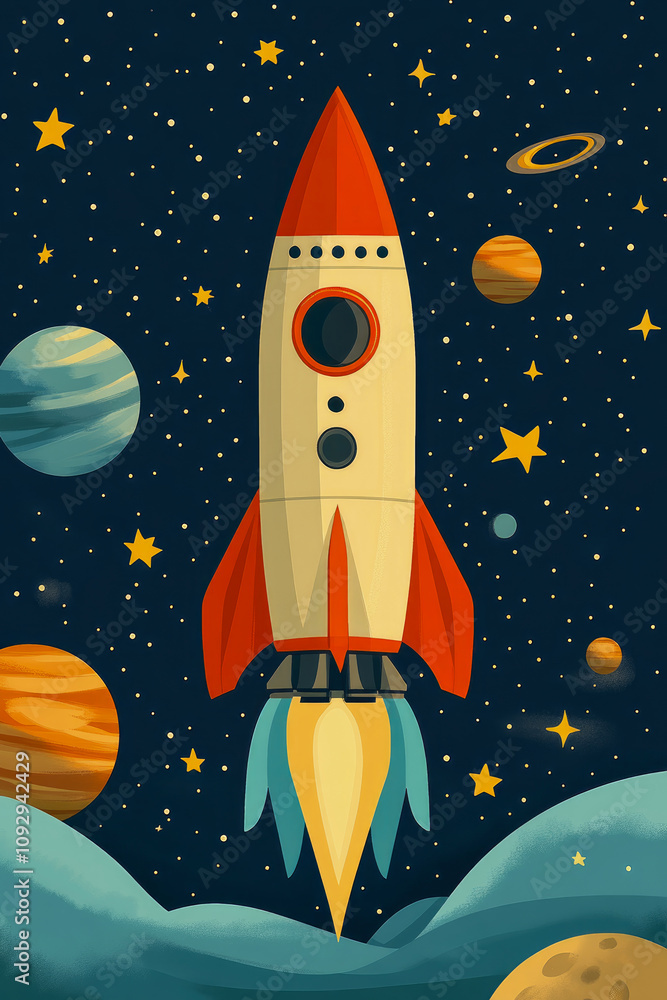 A vibrant rocket ascends into the cosmos amidst colorful planets and twinkling stars, capturing the wonder of space exploration and adventure A vibrant rocket ascends into the cosmos amidst colorful planets and twinkling stars, capturing the wonder of space exploration and adventure