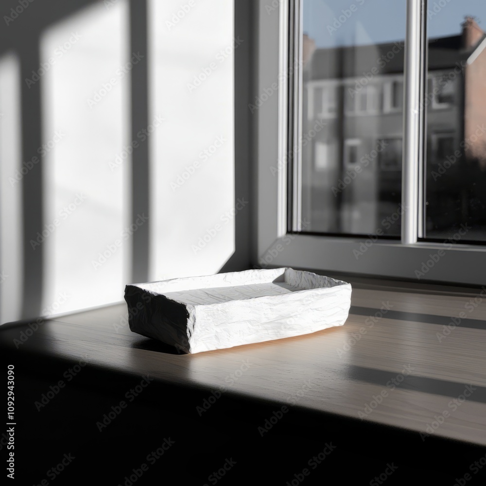 White rectangular tray on windowsill, sunlight. White rectangular tray on windowsill, sunlight.
