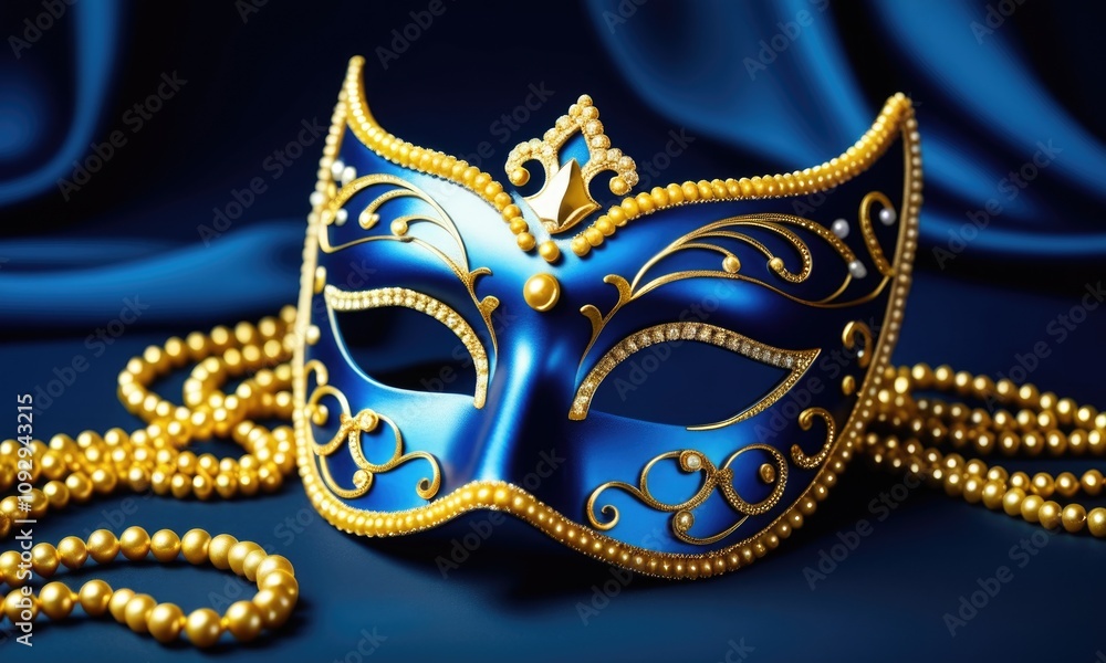 Elegant blue and gold masquerade mask with intricate designs and beads Elegant blue and gold masquerade mask with intricate designs and beads