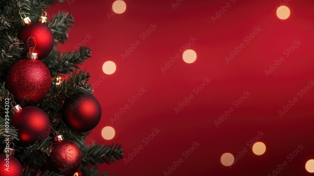 Christmas tree with ornaments and bokeh lights in a vibrant red background Christmas tree with ornaments and bokeh lights in a vibrant red background