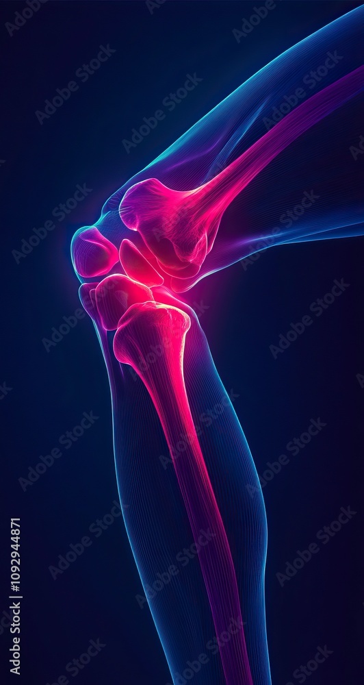 An illustration of knee joint pain, with the light blue background highlighting the red glowing pattern around one knee An illustration of knee joint pain, with the light blue background highlighting the red glowing pattern around one knee