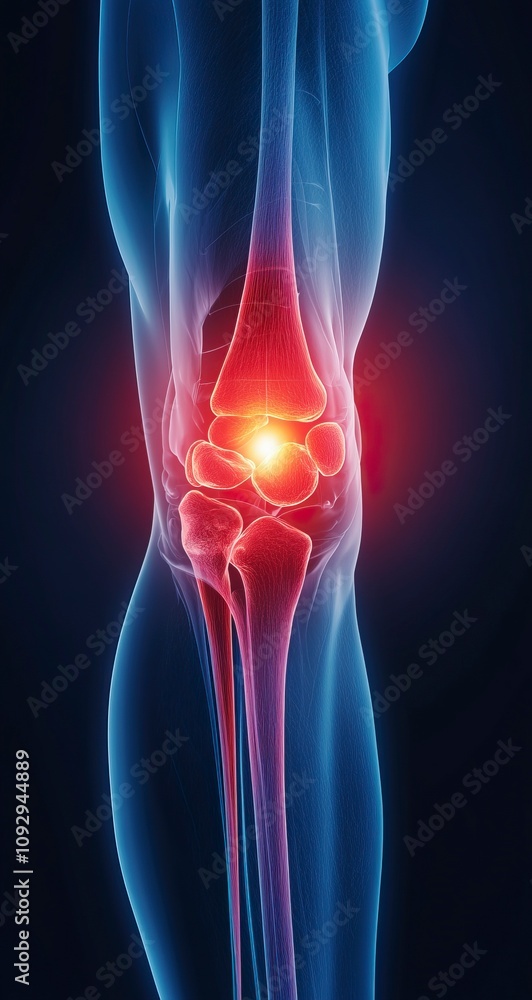 An illustration of knee joint pain, with the light blue background highlighting the red glowing pattern around one knee An illustration of knee joint pain, with the light blue background highlighting the red glowing pattern around one knee