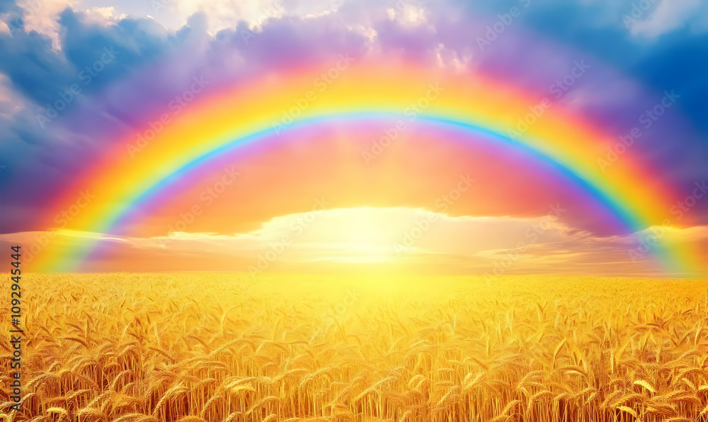 A vibrant rainbow arcs over a golden wheat field at sunset, creating a serene landscape. A vibrant rainbow arcs over a golden wheat field at sunset, creating a serene landscape.
