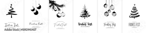 6x Weihnachtskarten Motiv (Din Format) mit dem Schriftzug "Wir wünschen ein Frohes Fest und alles Gute für das kommende Jahr". Moderne Typo, Font & Symbol komplett als Pfade 