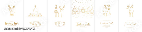 6x Weihnachtskarten Motiv (Din Format) mit dem Schriftzug "Wir wünschen ein Frohes Fest und alles Gute für das kommende Jahr". Moderne Typo, Font & Symbol komplett als Pfade 