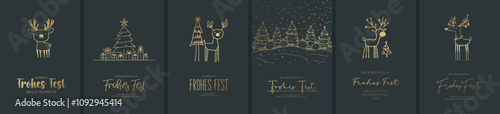 6x Weihnachtskarten Motiv (Din Format) mit dem Schriftzug "Wir wünschen ein Frohes Fest und alles Gute für das kommende Jahr". Moderne Typo, Font & Symbol komplett als Pfade 