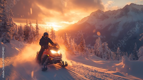 Dynamic winter sports scene with snowmobile and rider in dark blue gear against snowy pine forest and golden sunset sky, capturing motion and adventure.