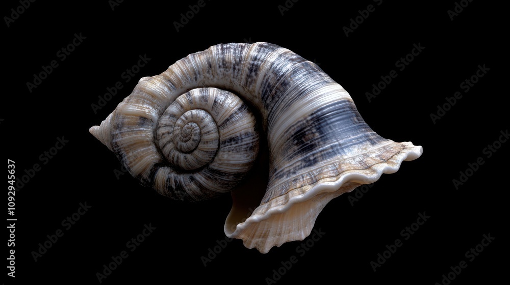 Striking seashell with intricate spiral and delicate frills, showcasing nature's artistry against a black background. Striking seashell with intricate spiral and delicate frills, showcasing nature's artistry against a black background.
