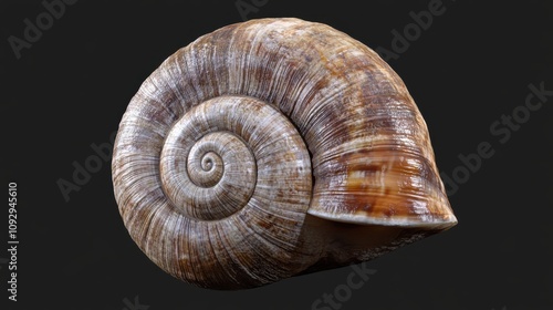 Close-up of a spiral snail shell, showcasing its intricate texture and warm brown and beige tones against a dark background.